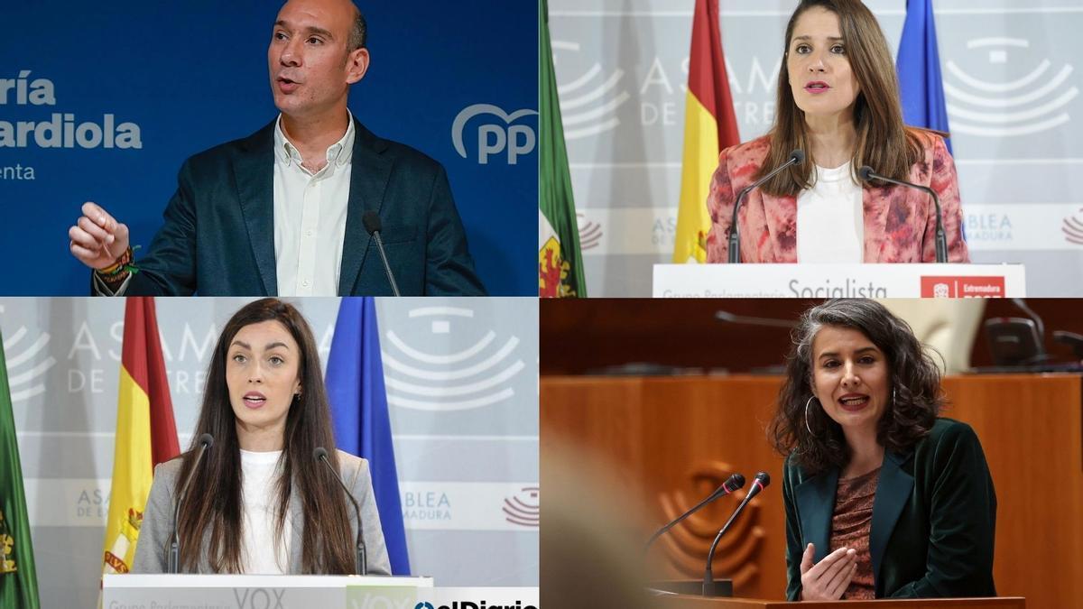 Los cuatro portavoces parlamentarios de Extremadura: José Ángel Sánchez Juliá (PP); Isabel Gil Rosiña (PSOE); Ines Checa (Vox); e Irene de Miguel (Unidas por Extremadura).