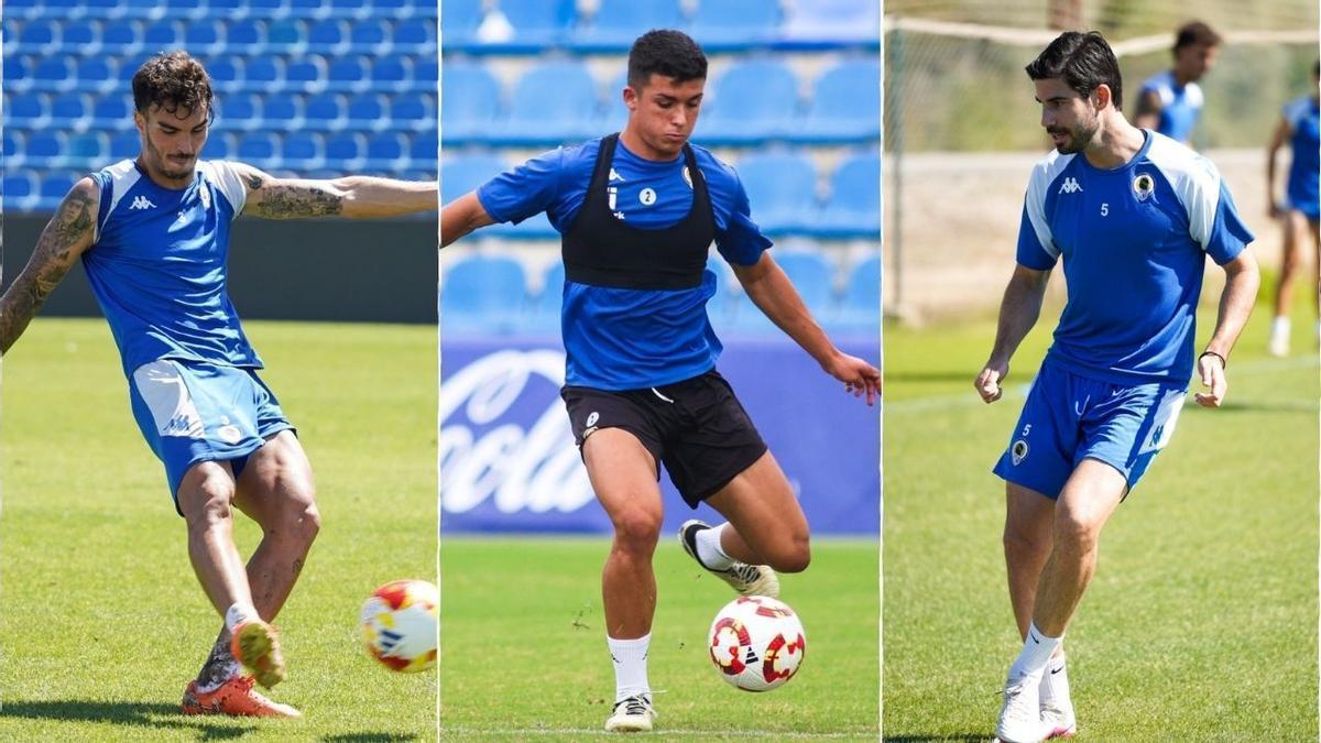 Adrián Pérez, Rubén Cantero y Nacho Monsalve, en distintos entrenamientos del Hércules esta temporada.