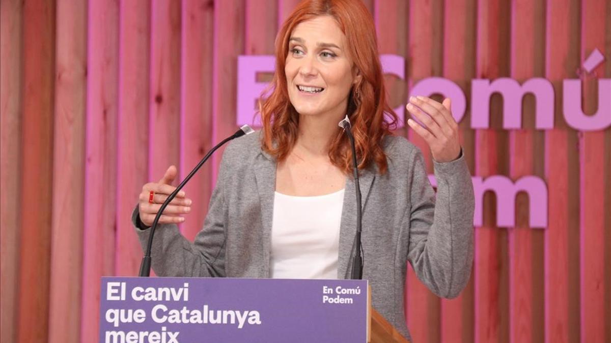 Pla mitja de la candidata d En Comu Podem  Jessica Albiach  en un acte a la seu dels comuns  31 de gener del 2021  (Horitzontal) Mariona Puig ACN