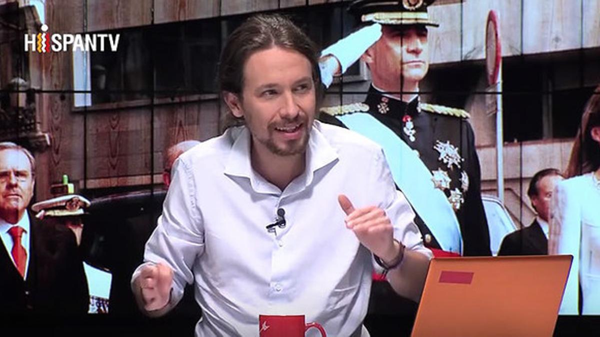 Pablo Iglesias, durante la tertulia sobre la monarquía, en el programa 'Fort Apache', que emite en España la cadena pública iraní Hispan TV.