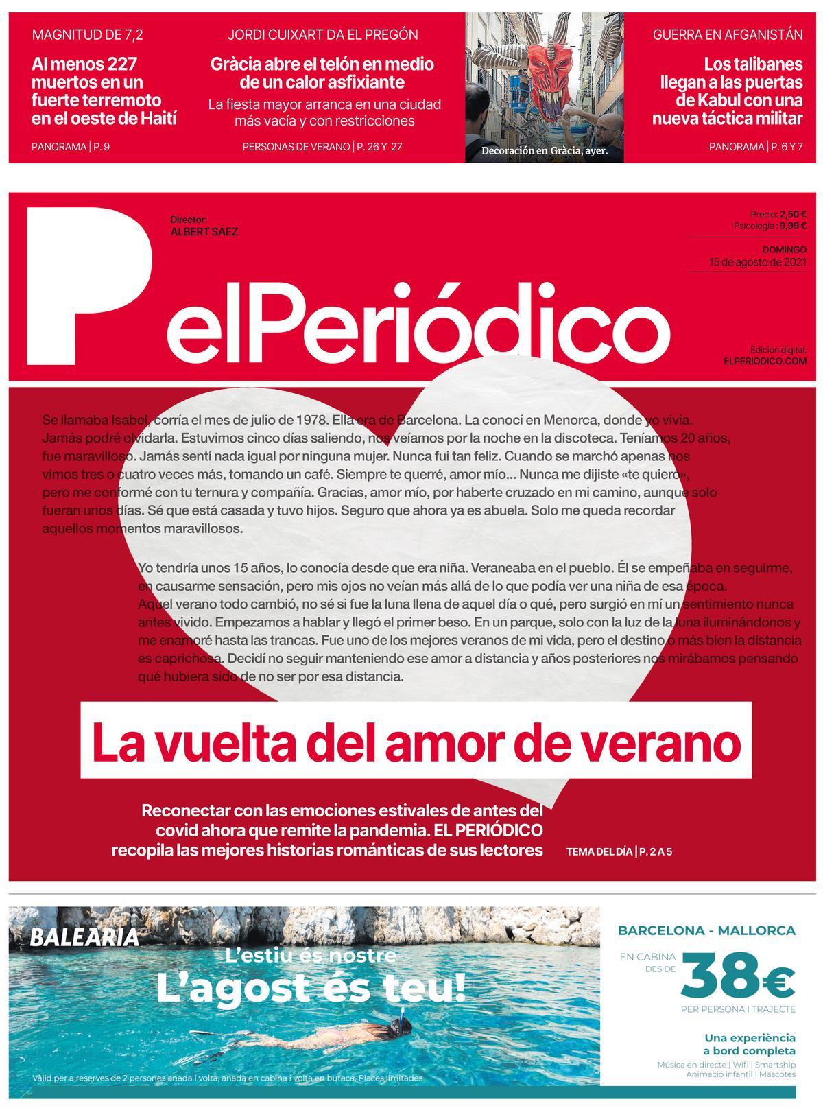 La portada d’EL PERIÓDICO del 15 d’agost del 2021