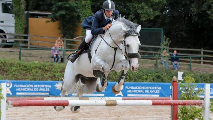 Un jinete a lomos de su caballo, superando un obstáculo.