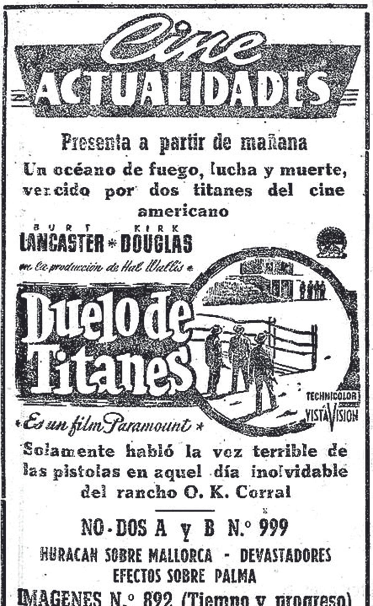 Anuncio del cine Actualidades (Baleares, 1962)