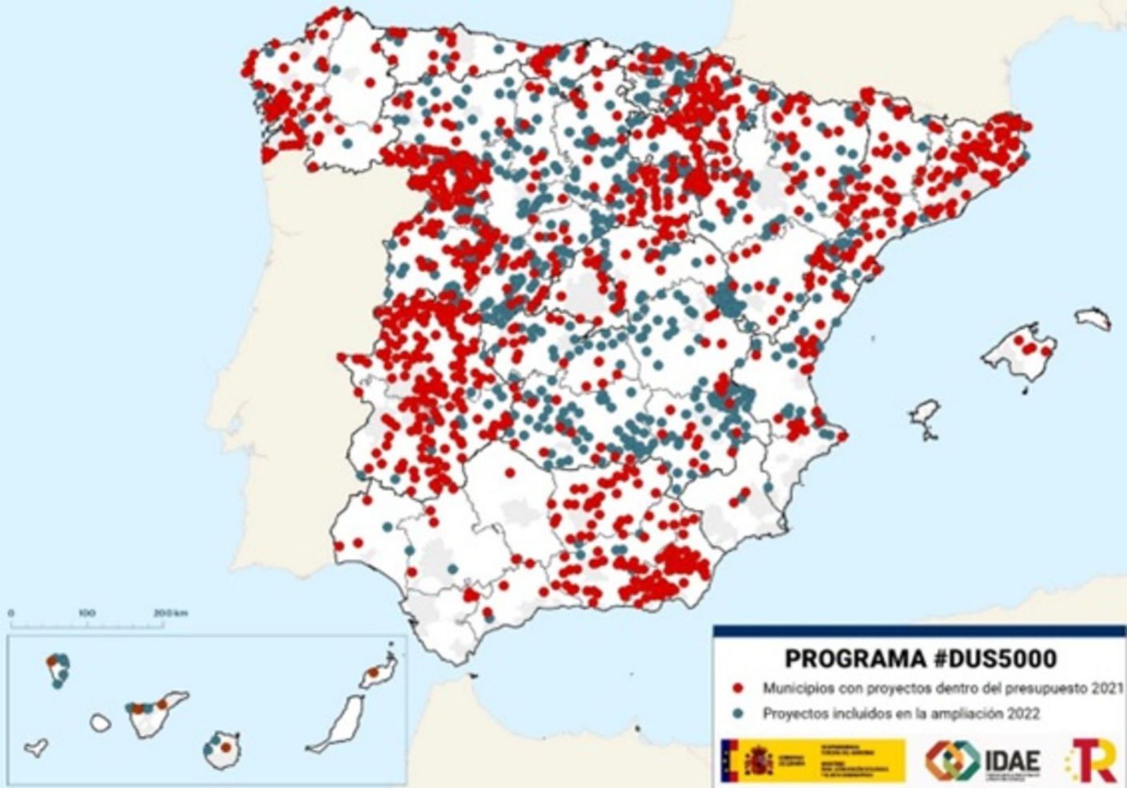 En azul, municipios beneficiarios. En rojo, los potencialmente beneficiarios con la ampliación. | Fuente: Miteco