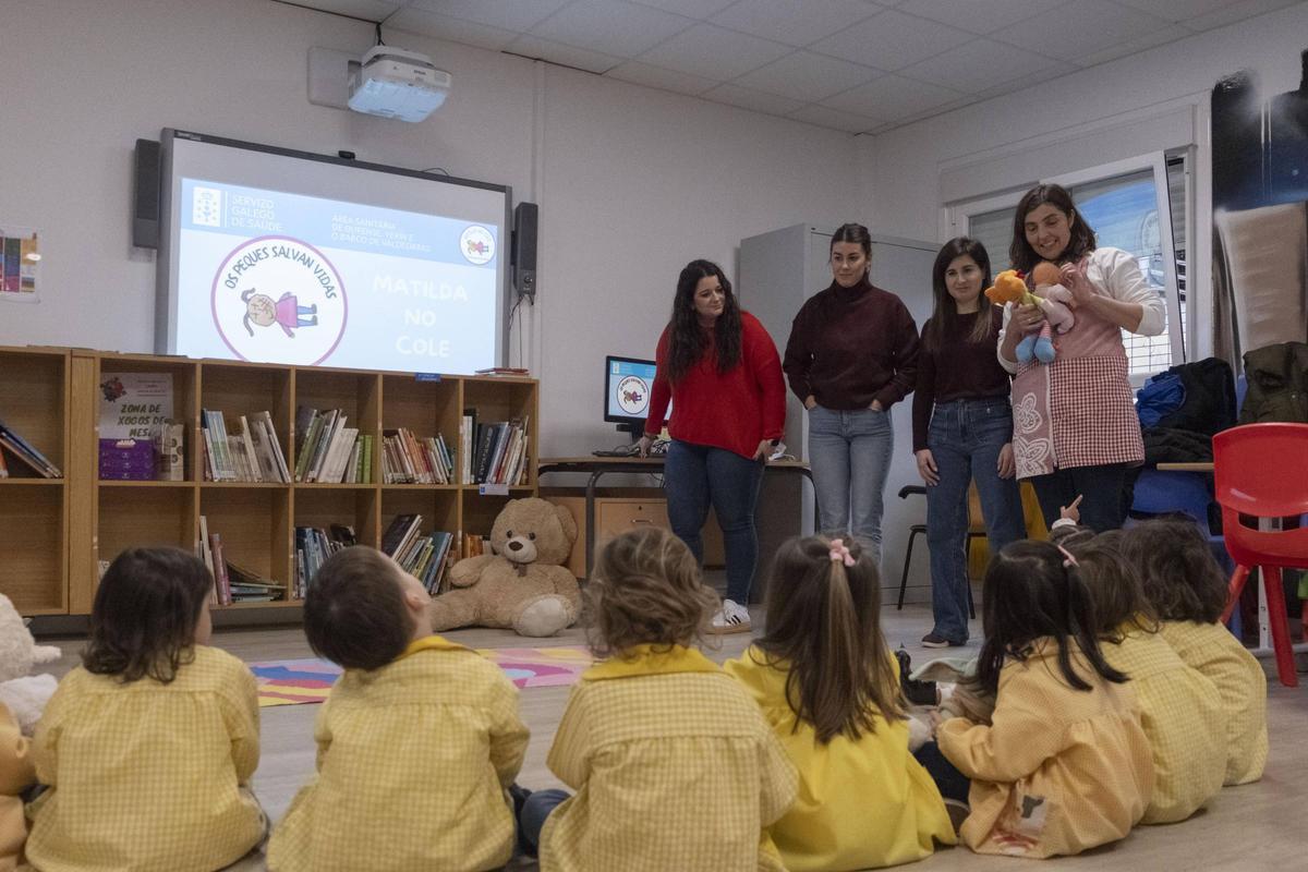 La profesora y las enfermeras, al inicio del taller con los niños y niñas de 4º de Infantil del CEIP As Mercedes.