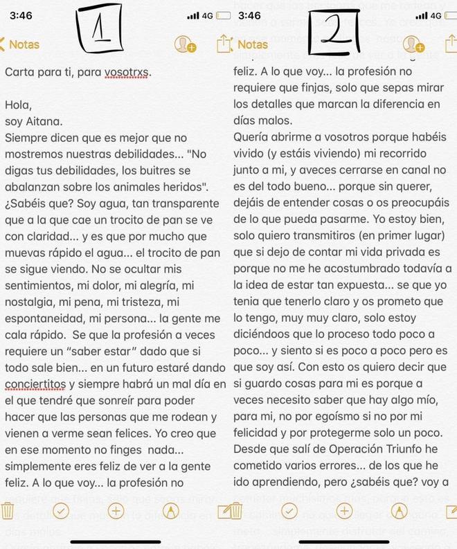 Capturas de pantalla de Aitana mandando un mensaje a sus fans