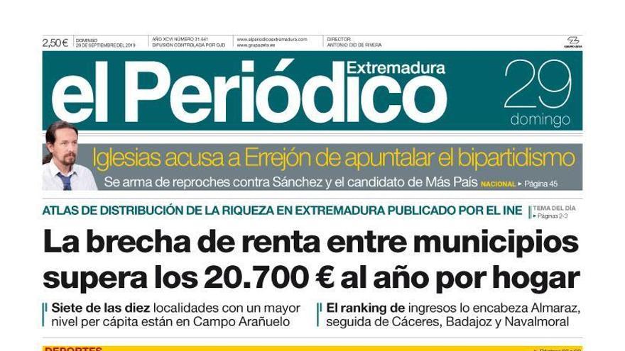 Esta es la portada de EL PERIÓDICO EXTREMADURA correspondiente al día 29 de septiembre del 2019