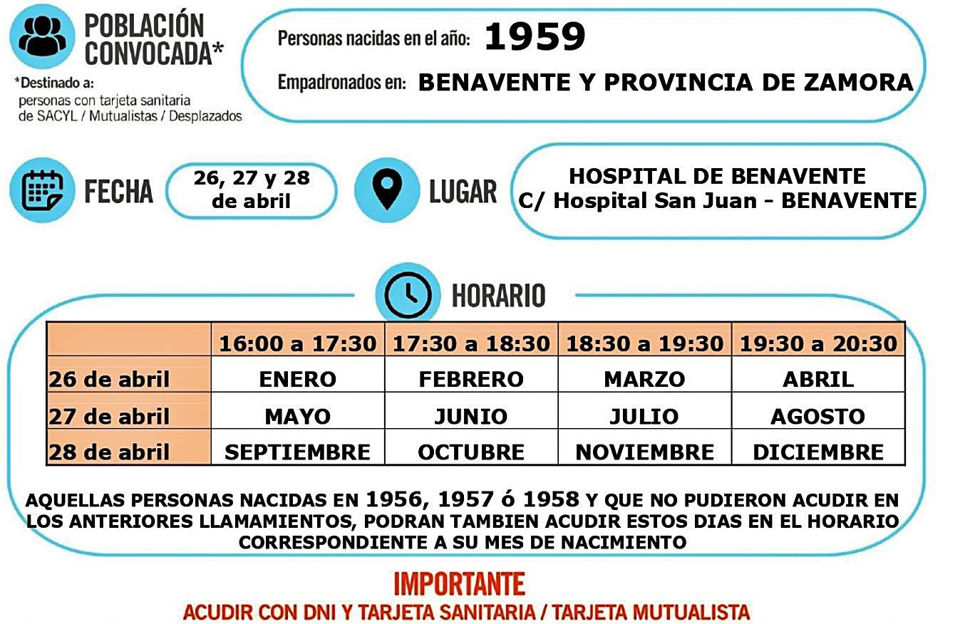 Horarios de vacunación para los nacidos en 1959 que opten por acudir al Hospital de Benavente. | JCYL 