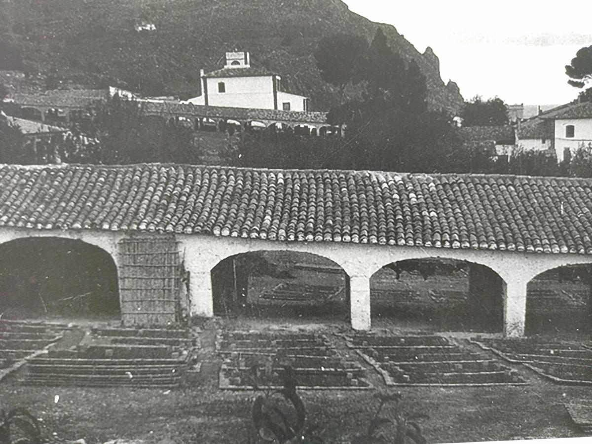 Imagen antigua de la pasa secándose al sol junto a un riurau de Xàbia