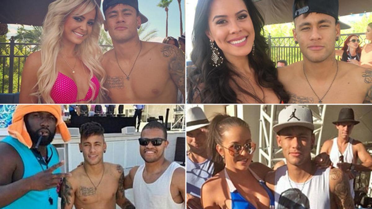 Neymar posando con aficionados y dos 'ring girls' en Las Vegas