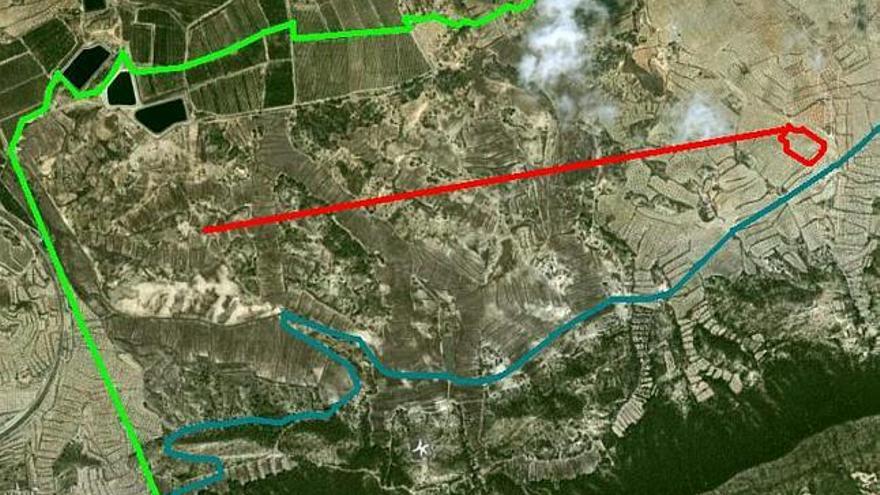 En verde claro el perímetro del PORN, en verde oscuro el perímetro del parque, y en rojo la subestación y el tendido