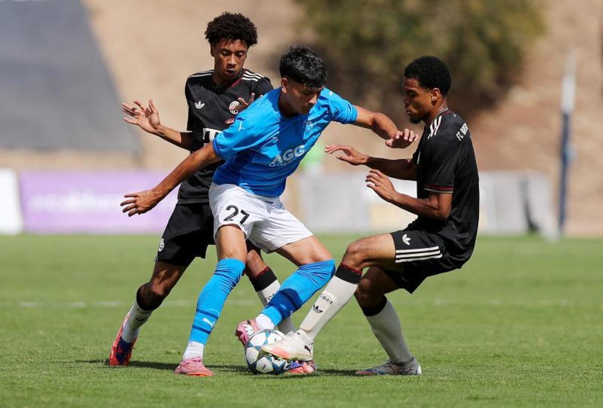 David Ferrer intenta zafarse de dos defensores del Bayern Múnich.