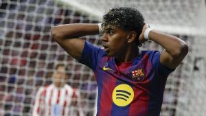 El delantero del Barcelona Lamine Yamal reacciona durante el partido dela jornada 30 de LaLiga EA Sports 