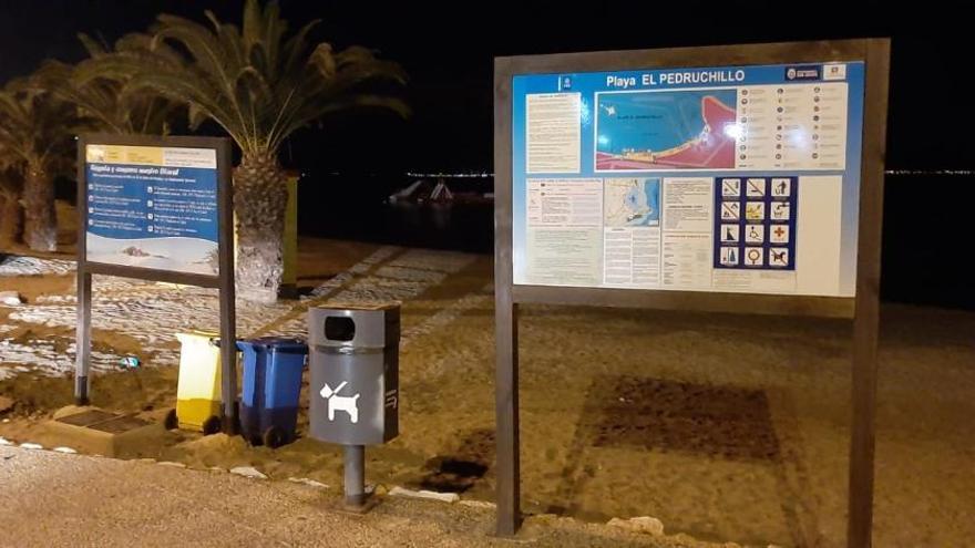 Contenedores y papeleras en la playa de El Pedruchillo.