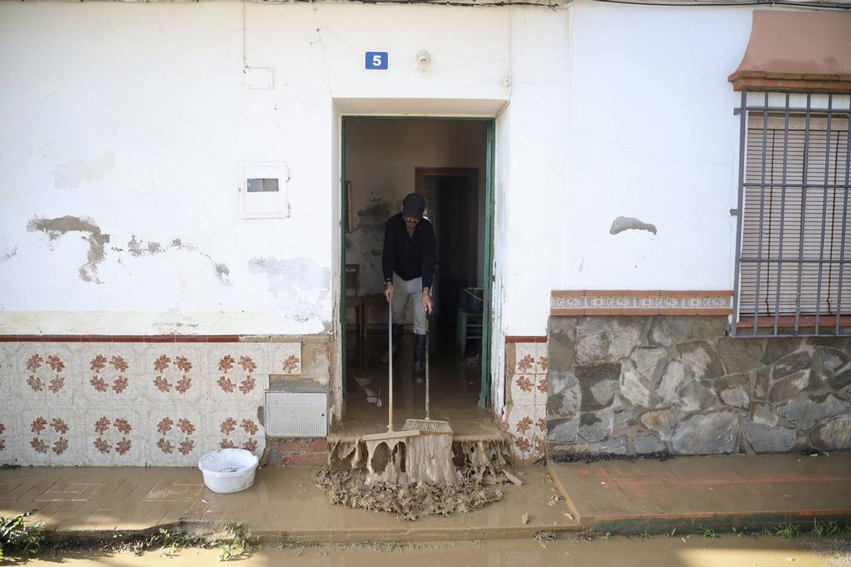Los vecinos de la barriada de Doña Ana en la Estación de Cártama, junto al operarios Infoca, limpian los estragos de la nueva inundación provocada por la crecida del Guadalhorce durante la borrasca Francis