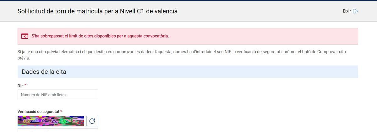 Anuncio de que ya no quedan citas disponibles para el c1 de valenciano