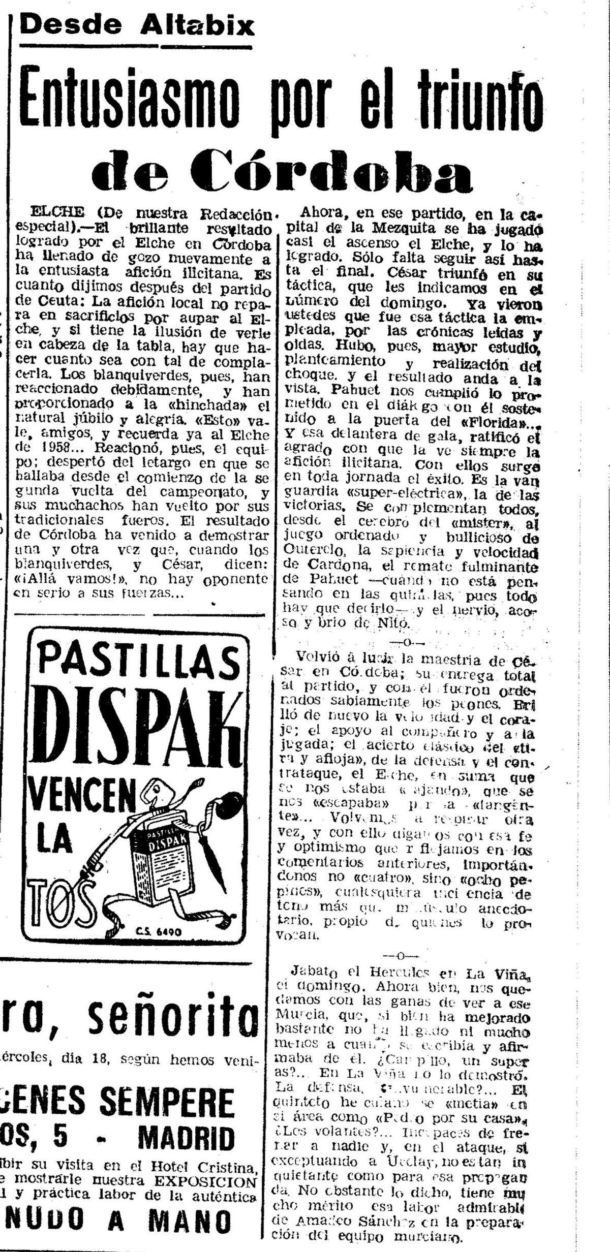 Crónica del Córdoba-Elche de 1959