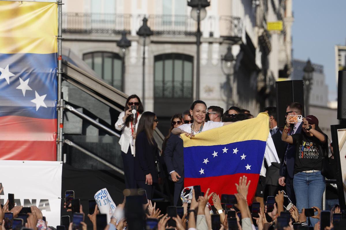 María Corina Machado, la líder opositora venezolana y premio Nobel de la Paz, durante un encuentro con la comunidad de su país en Madrid.