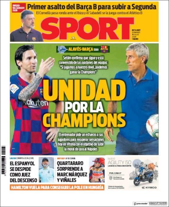 Portada SPORT domingo 19 julio 2020