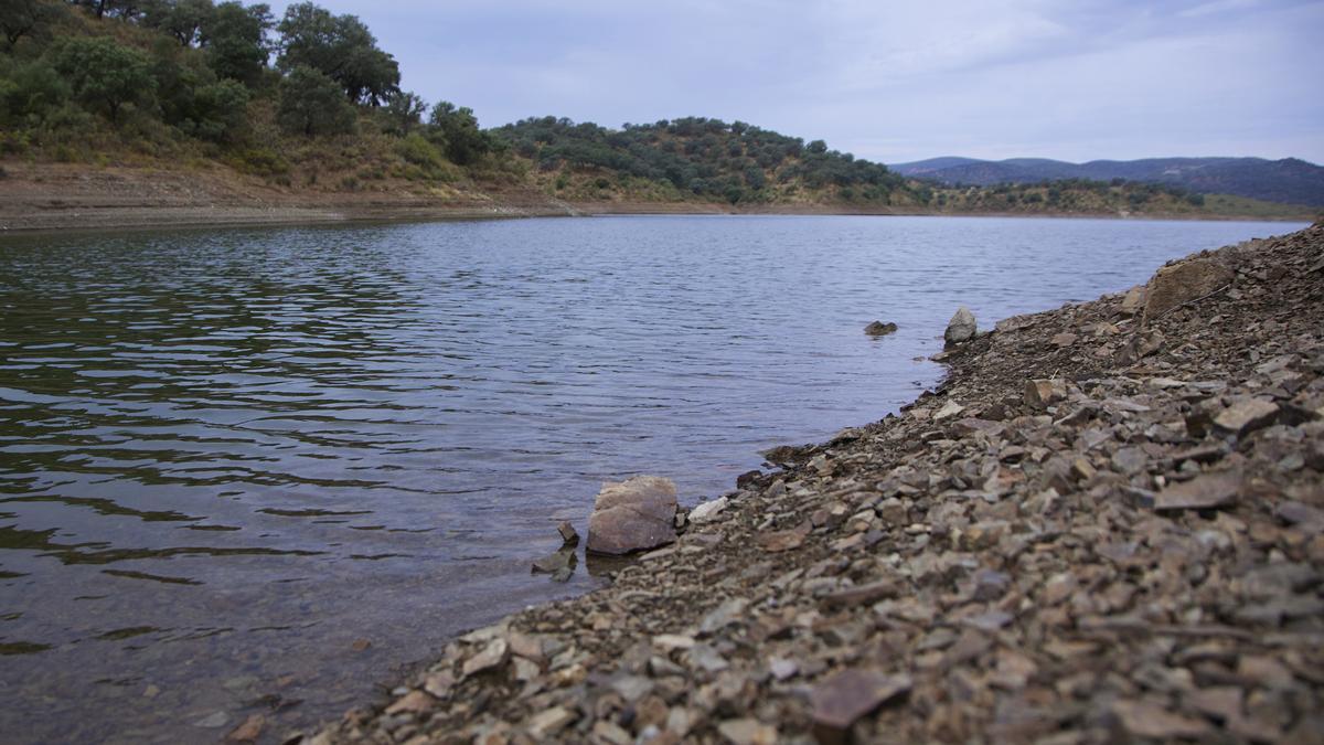 Detalle del embalse de la Minillas, en Sevilla, con las reservas de agua en mínimos.