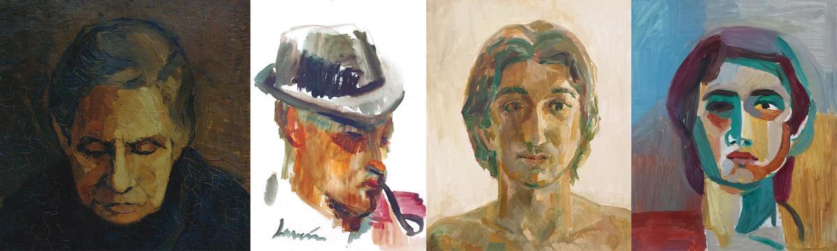 Varias pinturas de Elena Laverón de la exposición 'En clave de sol. Málaga y Elena Laverón'. De izquierda a derecha: Abuela Carmen (1956), Aser con pipa (1964), Gonzalo (2023) y Autorretrato (1976)