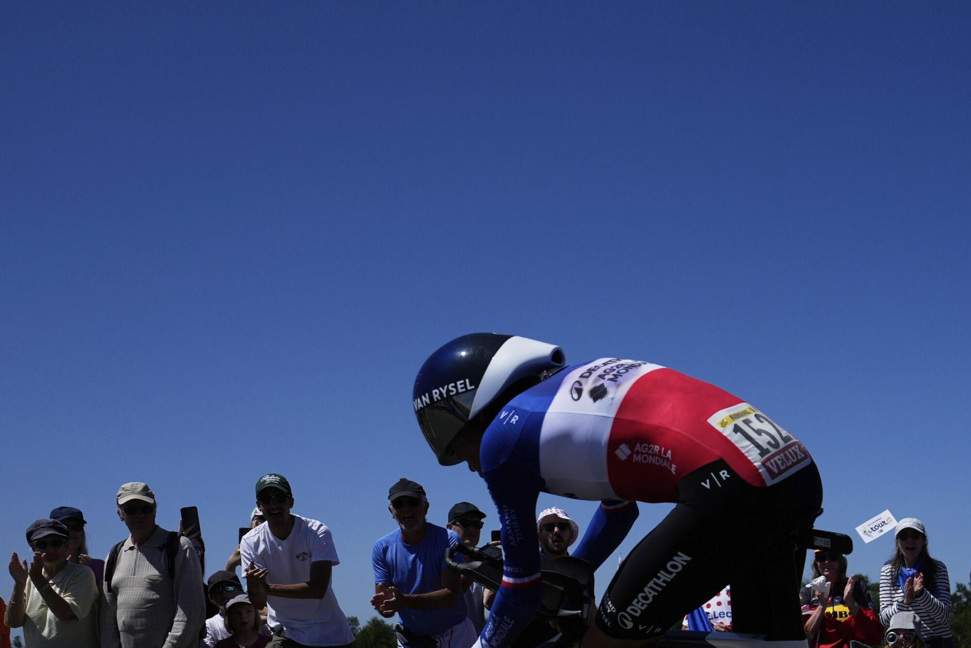 France's Bruno Armirail competes during the fifth stage of the Tour de France cycling race, an indivdual time-trial over 33 kilometers (20.5 miles) with start and finish in Caen, France, Wednesday, July 9, 2025. (AP Photo/Mosa'ab Elshamy)