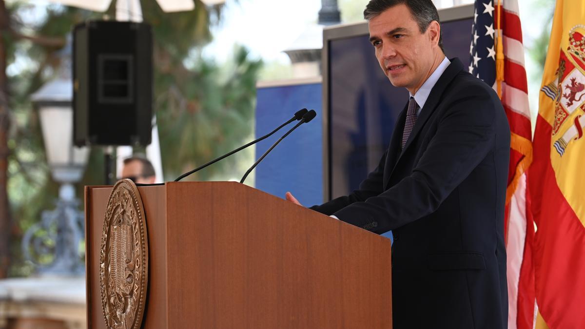 El presidente del Gobierno, Pedro Sánchez, durante su discurso sobre el español en la Universidad de California Los Ángeles (UCLA), este 22 de julio de 2021.