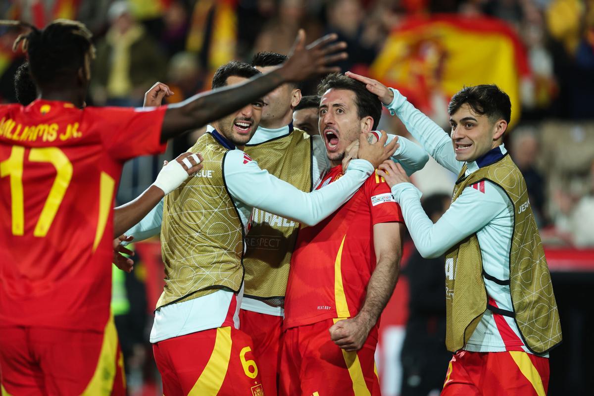 Mikel Oyarzabal of Spain celebrates a goal during the UEFA Nations League Quarterfinal Leg Two match between Spain and Netherlands at Mestalla stadium on March 23, 2025 in Valencia, Spain. AFP7 23/03/2025 ONLY FOR USE IN SPAIN. Irina R. Hipolito / AFP7 / Europa Press;2025;SPAIN;SPORT;ZSPORT;SOCCER;ZSOCCER;Spain v Netherlands - UEFA Nations League Quarterfinal Leg Two;