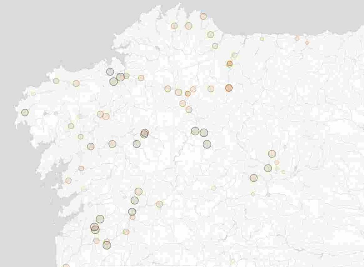 Mapa con la ubicación de las estaciones de aforo que se encuentran en situación de sequía en los ríos gallegos.