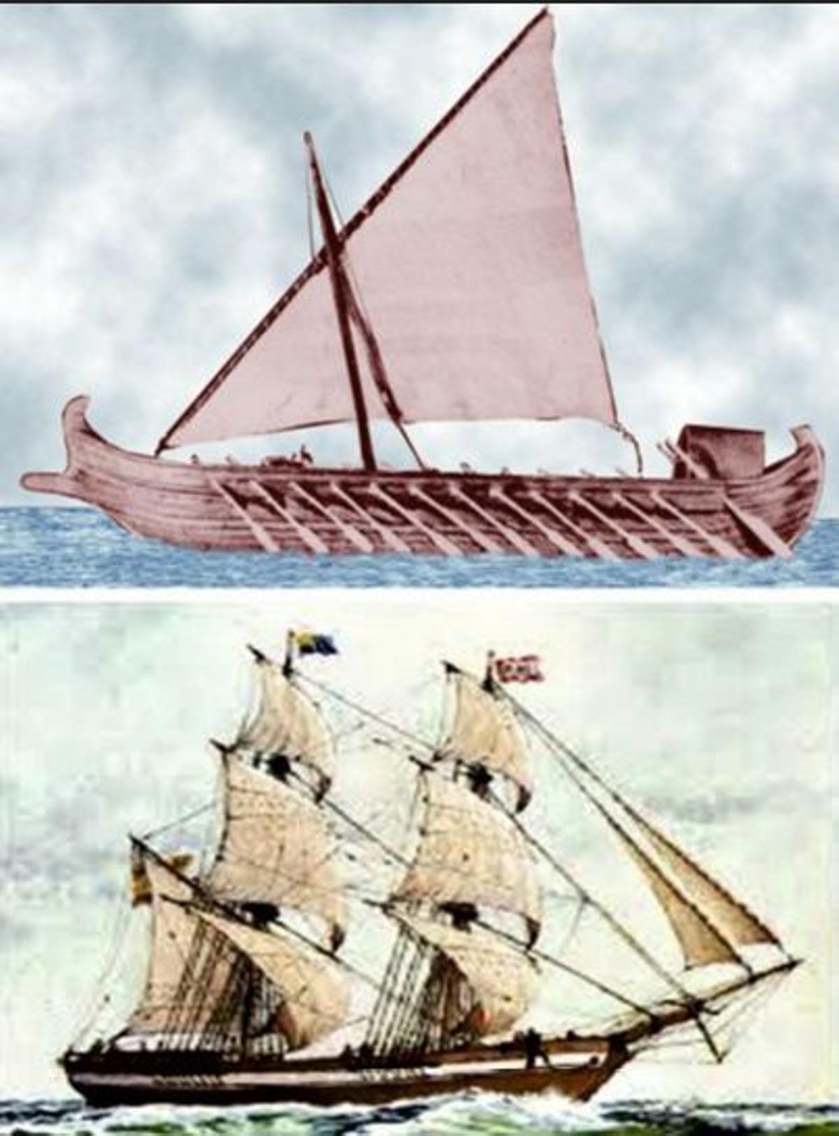 Arriba, unha galera e, abaixo, un barco bergantín.