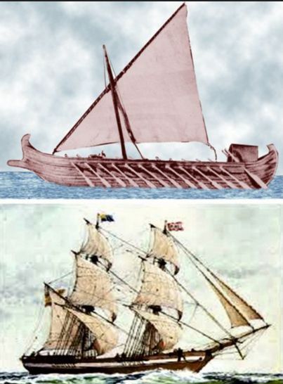 Arriba, unha galera e, abaixo, un barco bergantín.