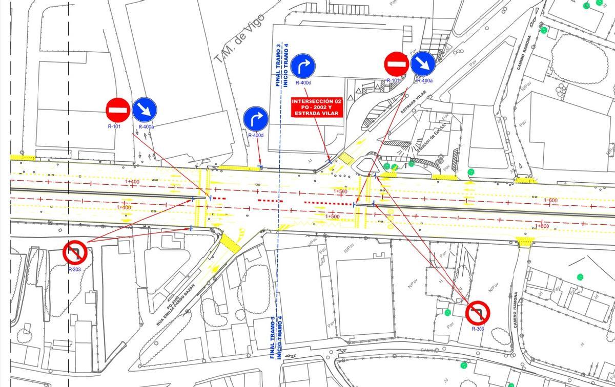 Plano de regulación del tráfico en el cruce de la Avenida de Madrid con Estrada do Vilar y Emilia Pardo Bazán.