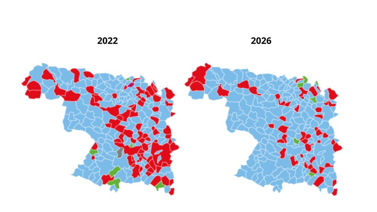 Comparación del mapa electoral de Zamora en las elecciones autonómicas de de 2022 y las elecciones de 2026.