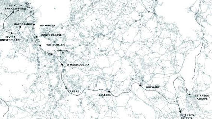 Apeaderos del tren de cercanías (puntos negros) en la comarca, en el estudio de estos expertos. / la opinión