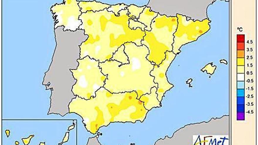 Mapa de anomalías climáticas del mes de agosto: entre 0,5 y 2,5 grados, según las zonas en Zamora.