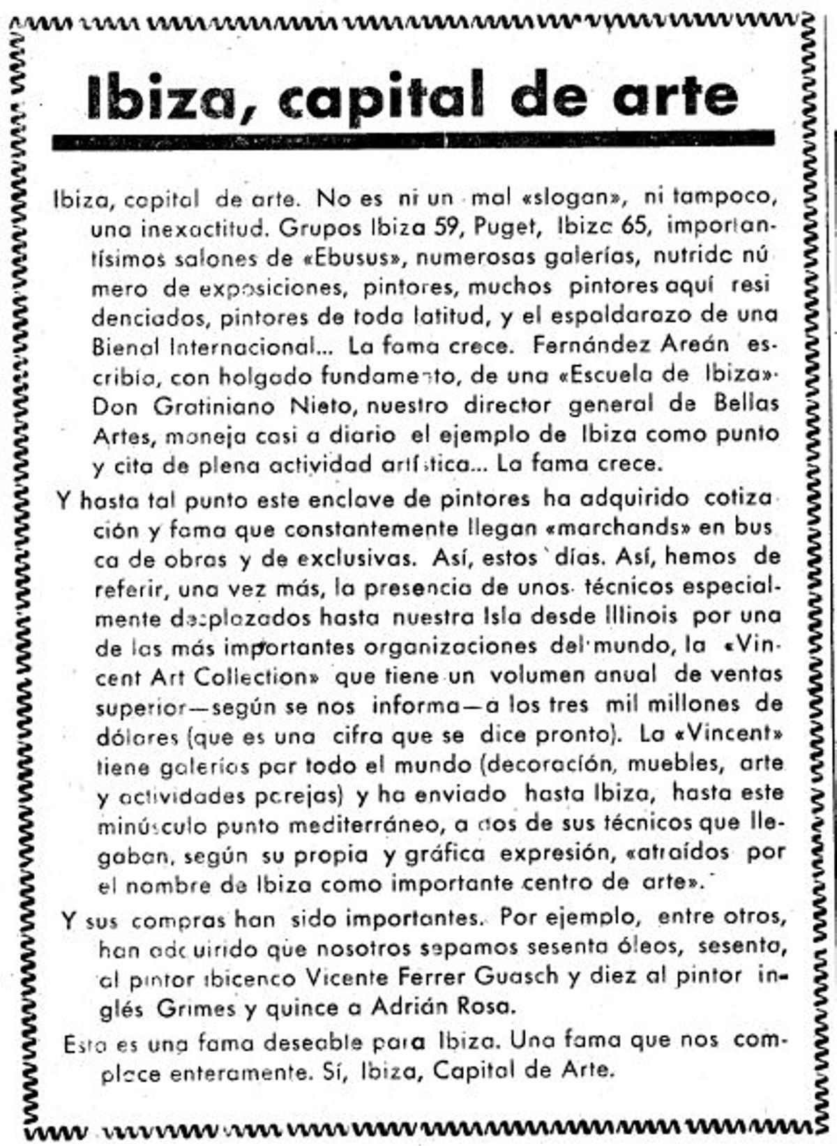 Artículo de Diario de Ibiza del 10 de julio de 1965.