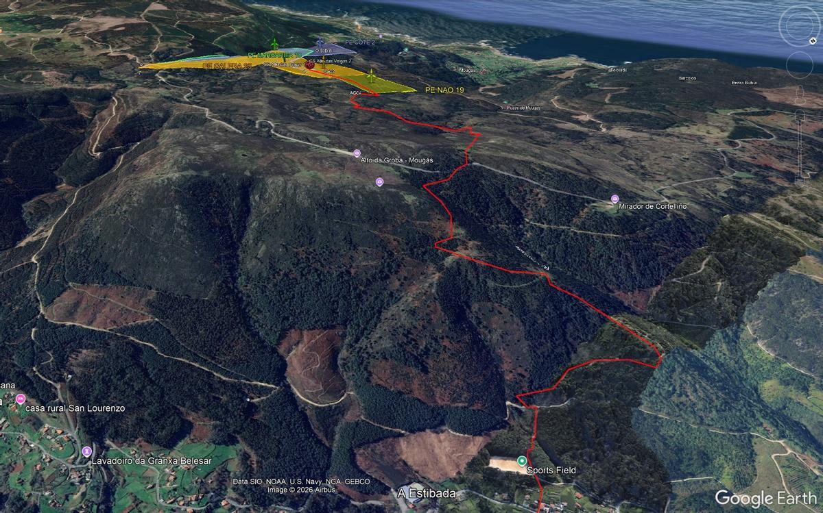 Gráfico del Instituto de Estudos Miñoráns con la ubicación de los aerogeneradores y las líneas de evacuación.