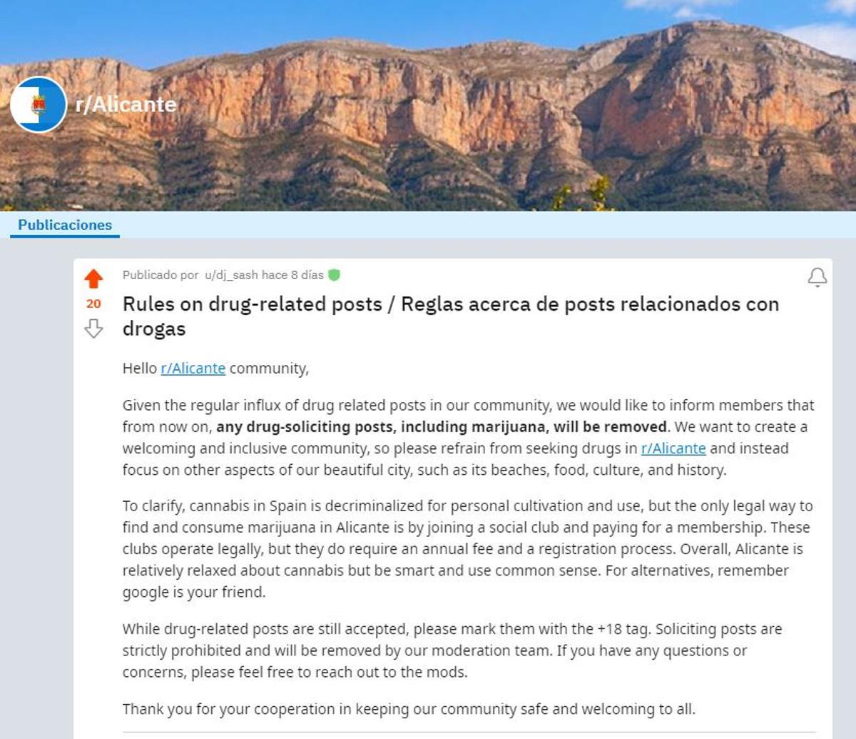 Comunicado en inglés de Reddit Alicante sobre los post relacionados con la búsqueda de drogas (está también en castellano)