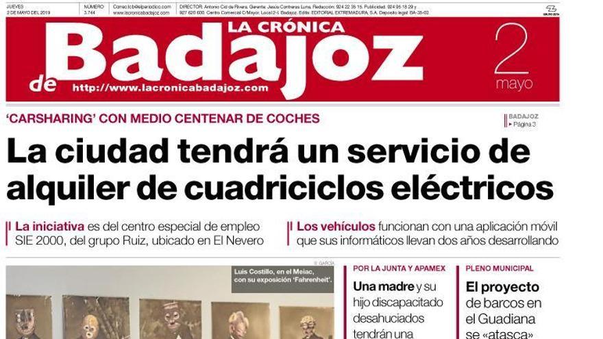 Esta es la portada de LA CRÓNICA DE BADAJOZ correspondiente al día 2 de mayo del 2019