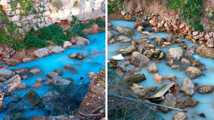 Das Wasser im Sturzbach Torrent de na Bàrbara nahm verschiedene unnatürliche Farbtöne an.