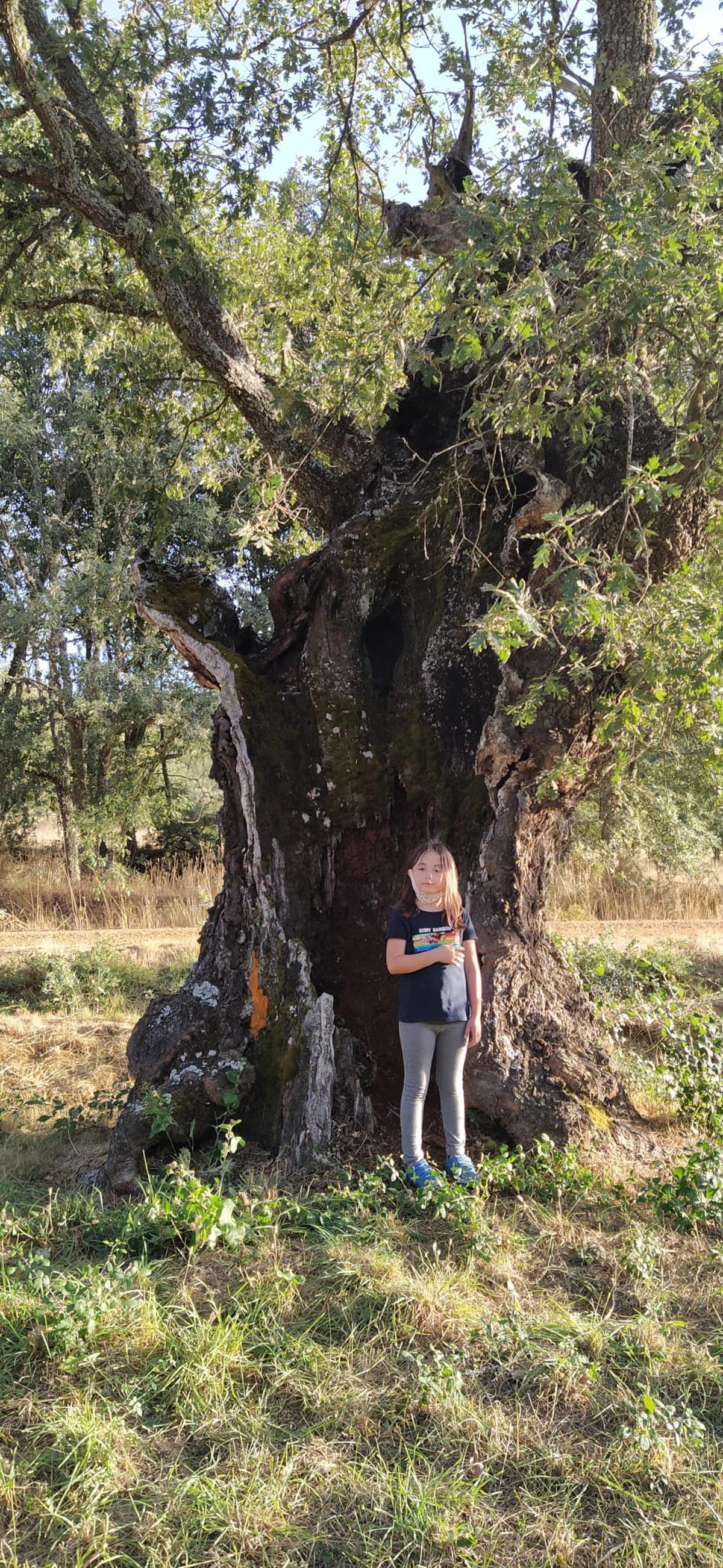 Alba posa junto al roble gordo, emblemático de su pueblo, salvado del incendio.