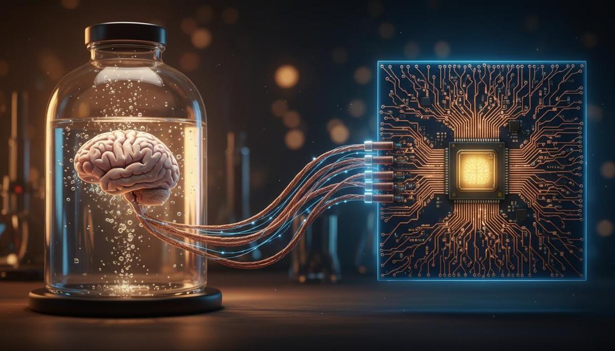 Cerebro biológico conectado a una placa de silicio: la conectómica y los modelos neuronales inspiran una IA más eficiente y generalizable.