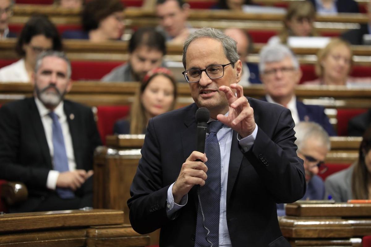 Quim Torra, en un momento de su intervención en la sesión de control del Parlament.