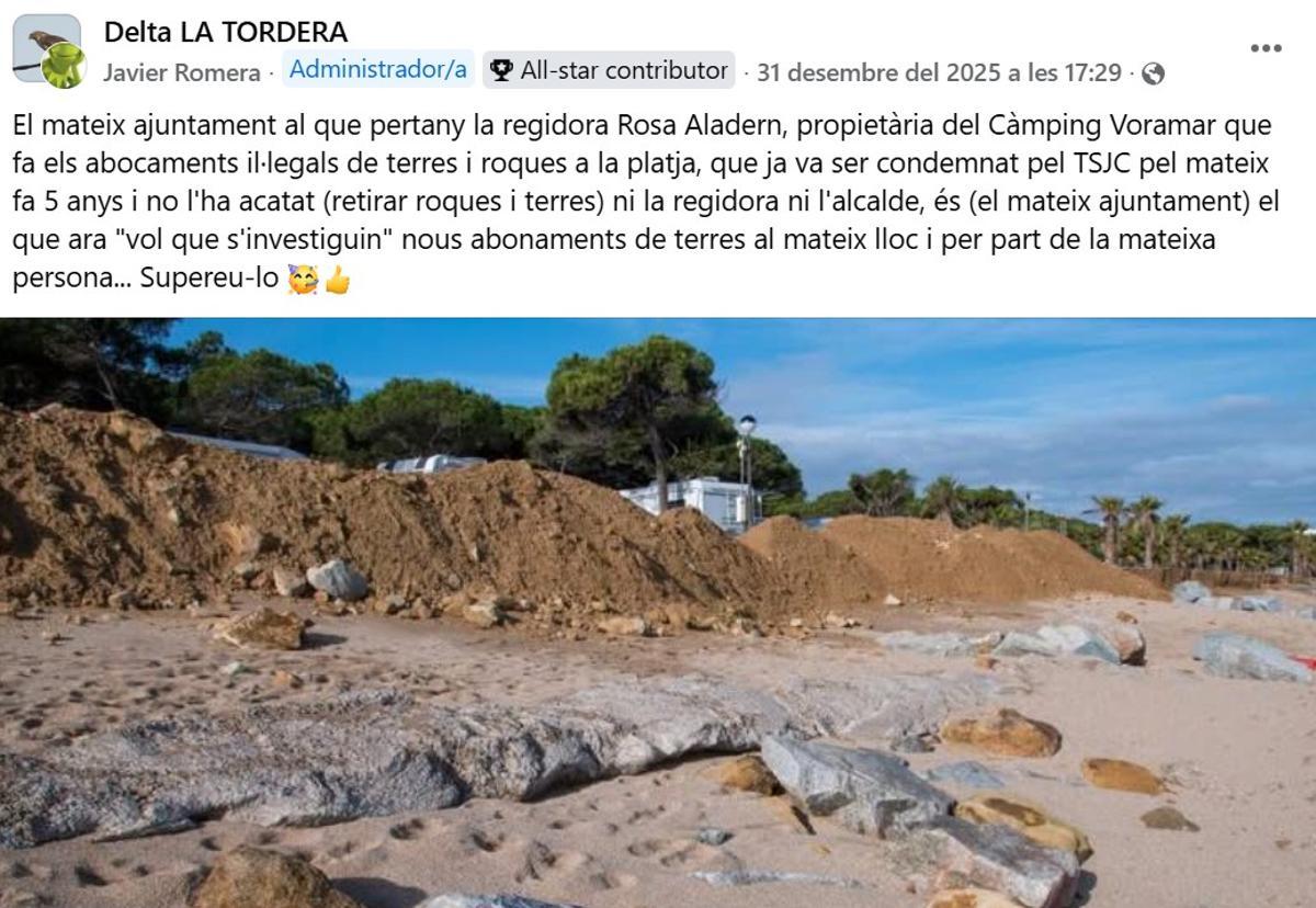 Publicació d'un grup de Facebook on es denunciava els moviments de terra sense permís d'Aladern al Càmping Voramar