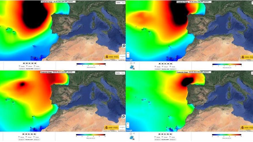 Secuencia de la aproximación del temporal marítimo a las costas asturianas entre el jueves y el viernes