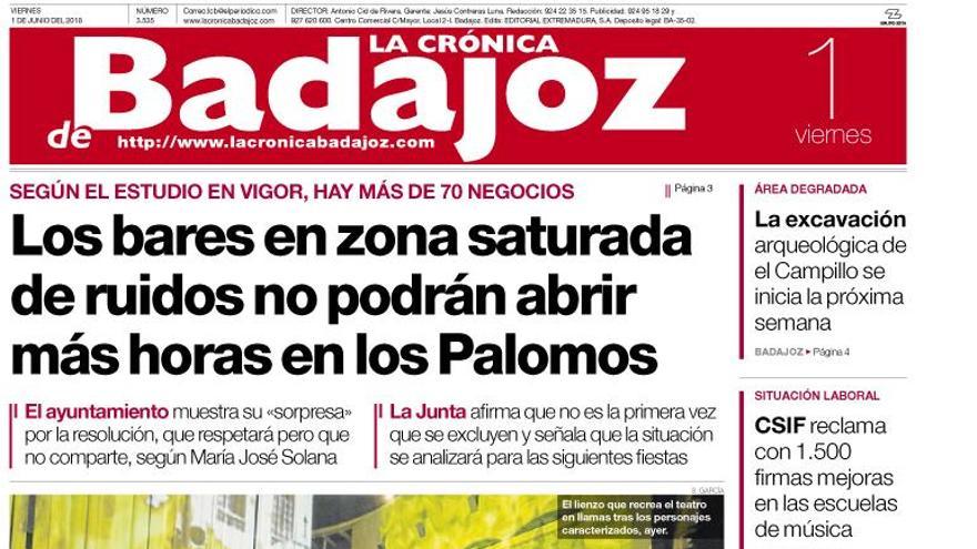 Esta es la portada de LA CRÓNICA DE BADAJOZ correspondiente al día 1 de junio del 2018