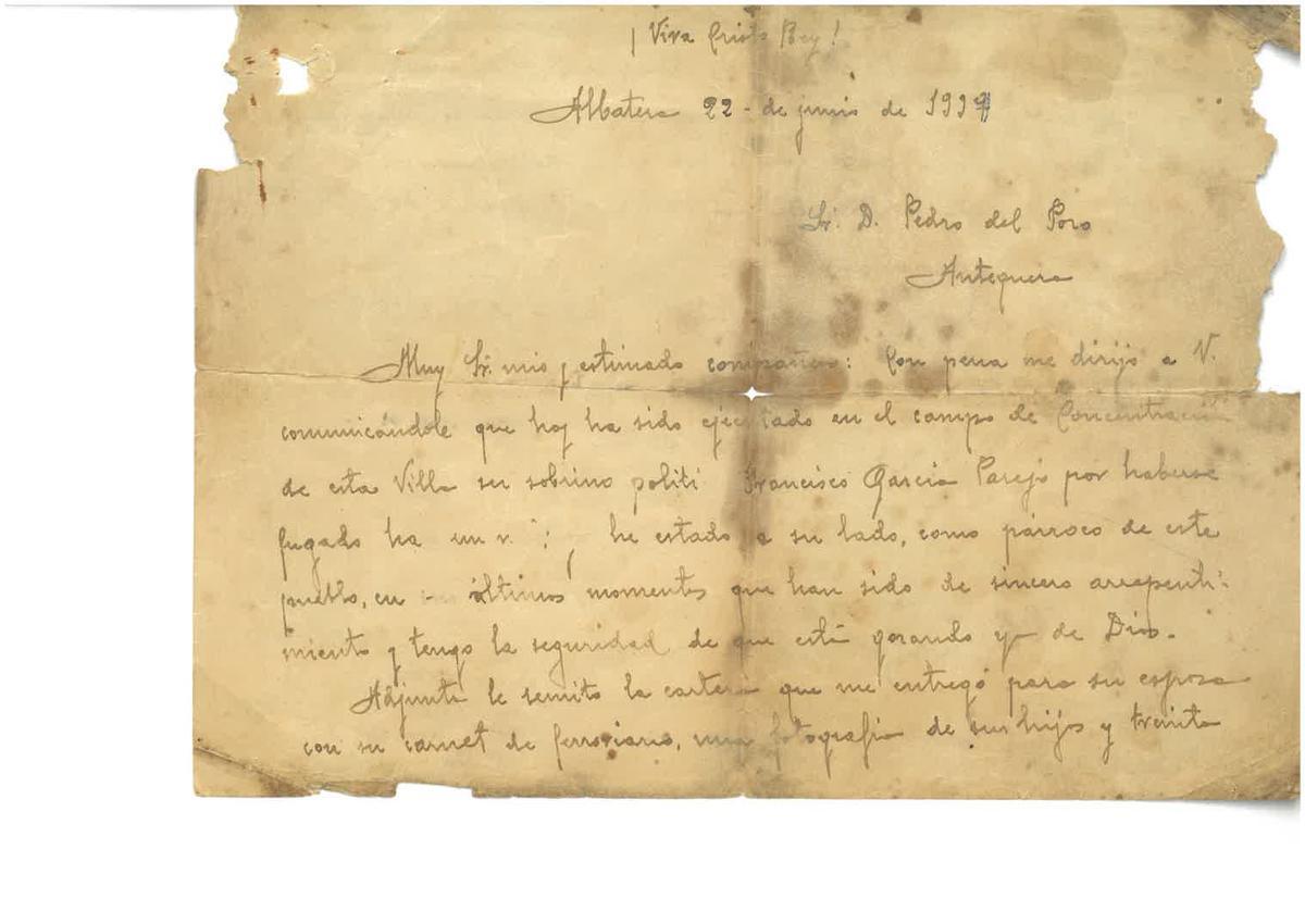 Fragmento de la carta que informa del fusilamiento de Francisco García Parejo