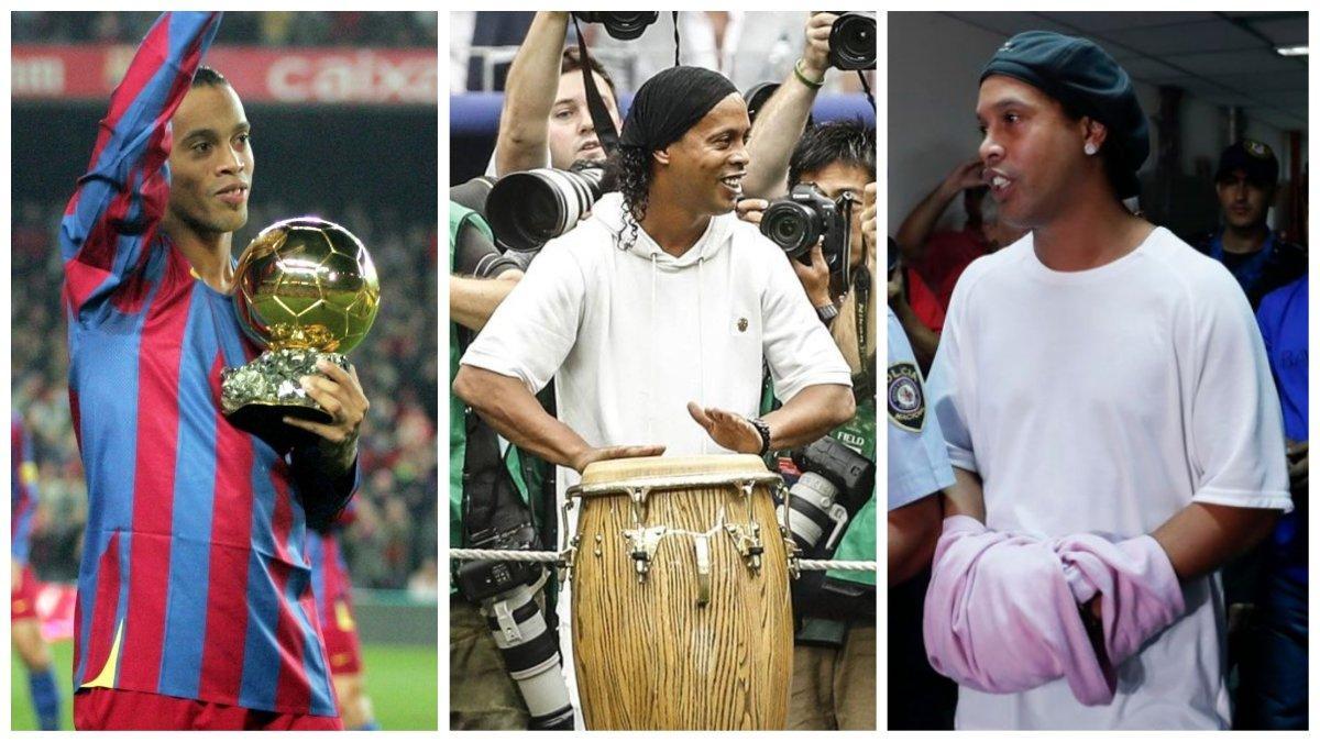 Ronaldinho con el Balón de Oro en el 2005, en el Mundial de Rusia 2018 y arrestado en Paraguay hace unos días.