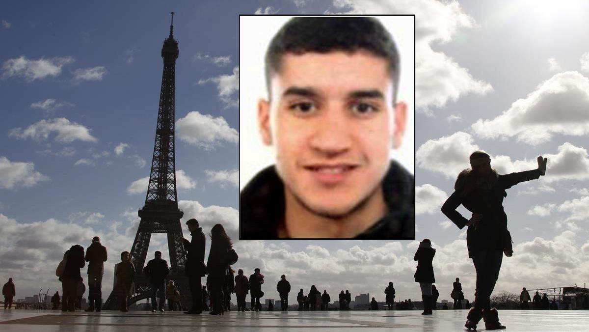 Fotomuntatge del terrorista Mohammad Hychami i la torre Eiffel de fons.