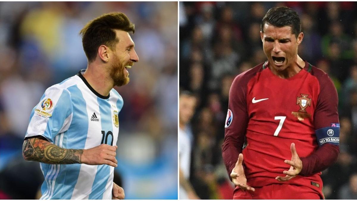 Messi celebra uno de los goles de Argentina contra Venezuela en la Copa América mientras Cristiano Ronaldo se lamenta por el penalti que falló ante Austria